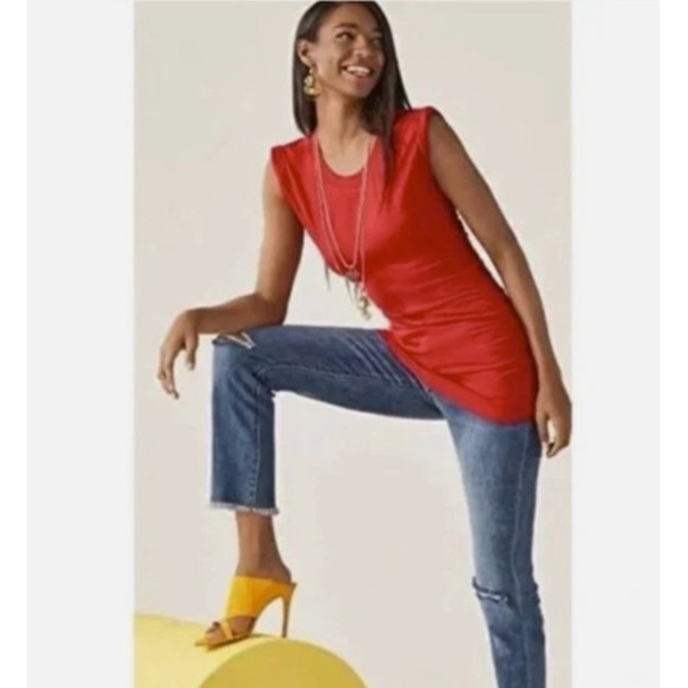 Cabi Whistle Tunic Ruched-Side‎ Cap Sleeve Crew Neck Top Red Size Medium NEW